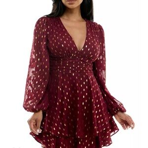 B Darlin Burgundy Mini Dress with Gold Accents